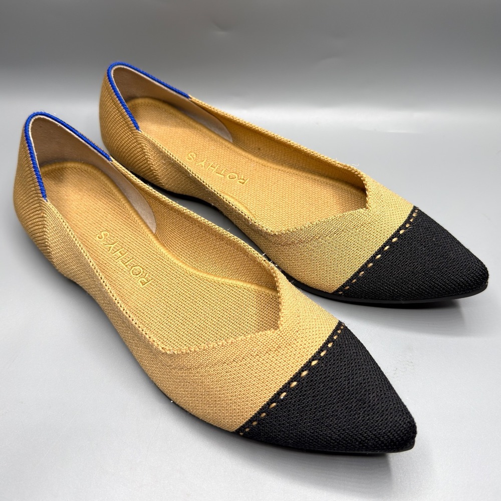 Rothy's The Point Flats Womens 8 Camel Tan Black Cap Toe Slip On Knit Shoe